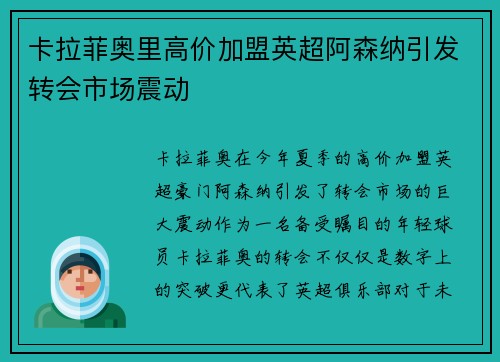 卡拉菲奥里高价加盟英超阿森纳引发转会市场震动